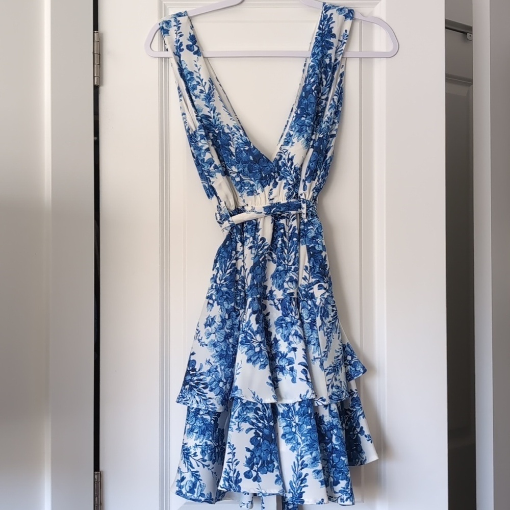 Floral Blue Tie Layered Dress - Picture 5 of 6